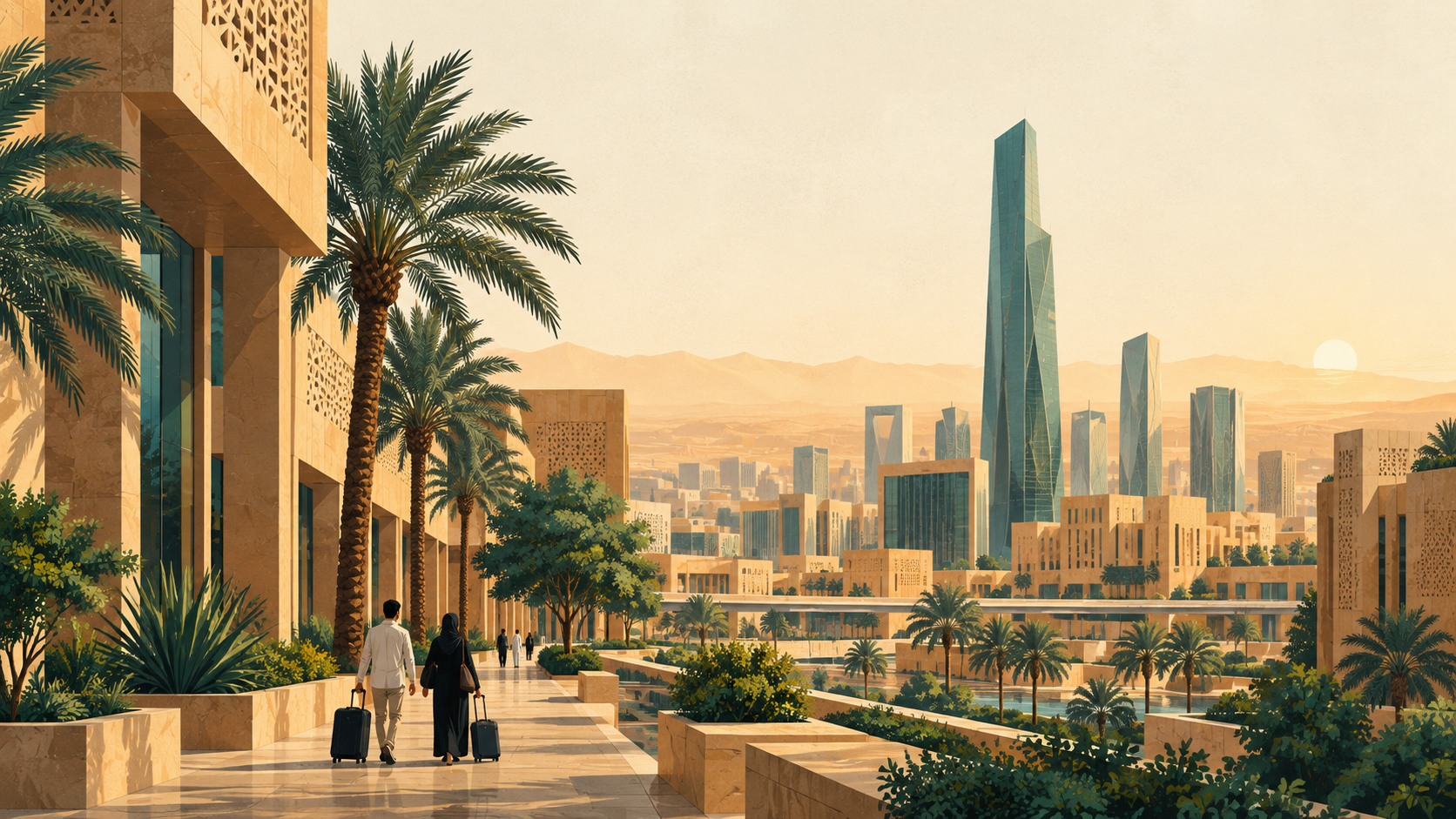 Editorial illustration of a sunlit Saudi-inspired city and people arriving with luggage